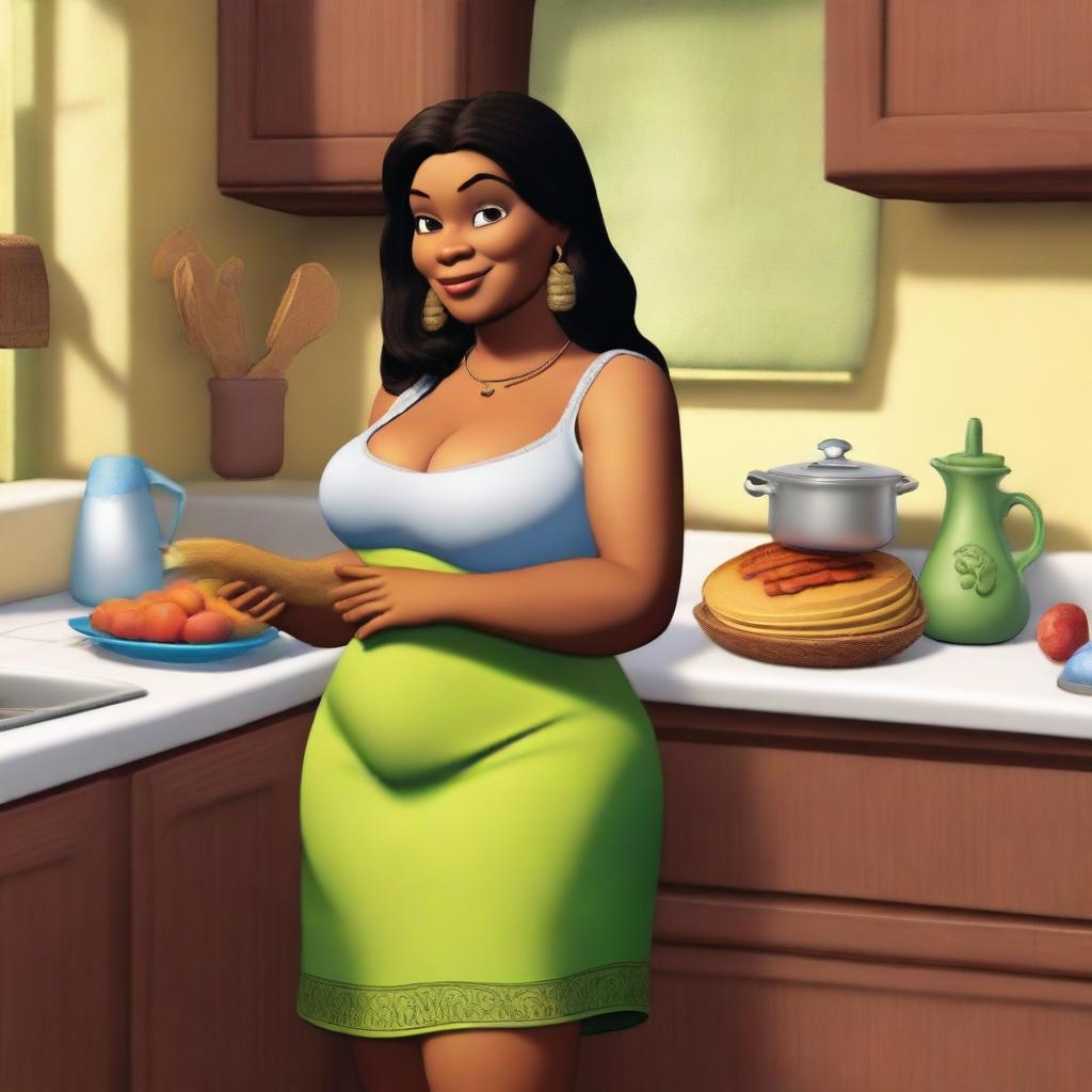 Shrek's fiancée Fiona, depicted as an Indian woman with brown skin and black hair, is in her kitchen preparing dinner