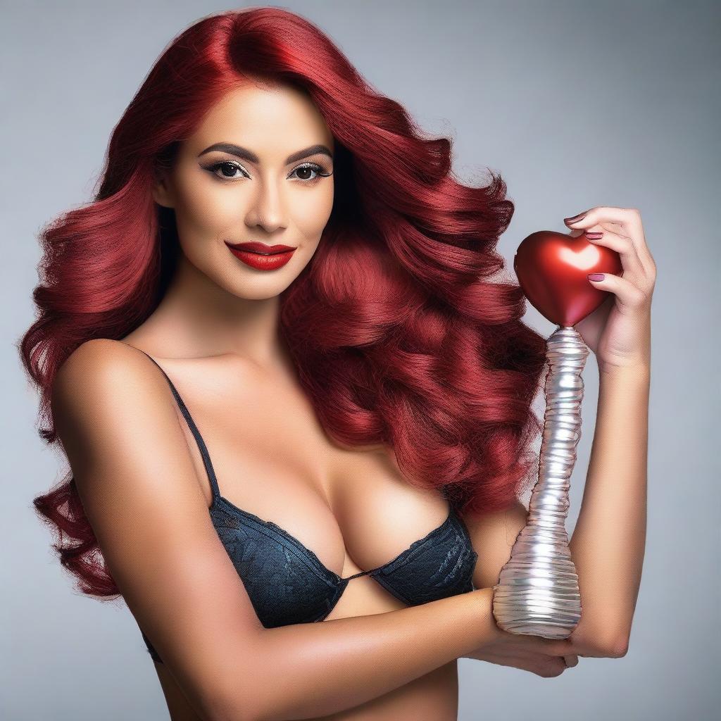 Create an ecommerce slider image featuring a Latina model with red hair holding an intimate toy