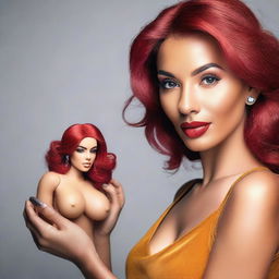 Create an ecommerce slider image featuring a Latina model with red hair holding an intimate toy