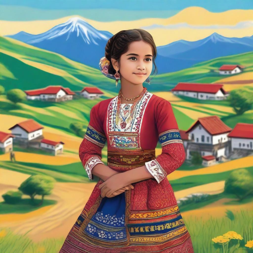 A young girl dressed in traditional Saxe clothing, featuring intricate patterns and vibrant colors