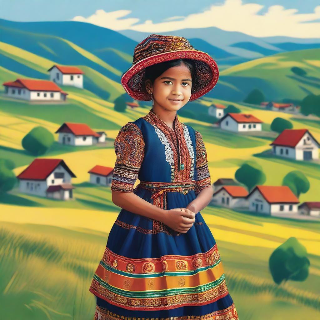 A young girl dressed in traditional Saxe clothing, featuring intricate patterns and vibrant colors