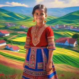 A young girl dressed in traditional Saxe clothing, featuring intricate patterns and vibrant colors