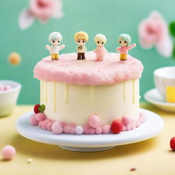 A beautifully decorated Raffaello cake in anime style, with delicate white frosting, coconut flakes, and Raffaello candies on top