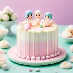 A beautifully decorated Raffaello cake in anime style, with delicate white frosting, coconut flakes, and Raffaello candies on top