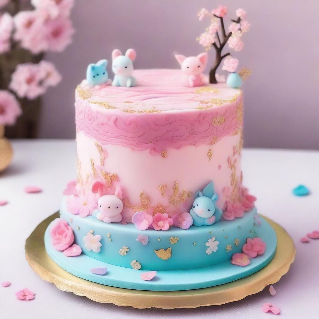 A beautifully decorated anime-style cake with vibrant colors, intricate designs, and cute anime characters