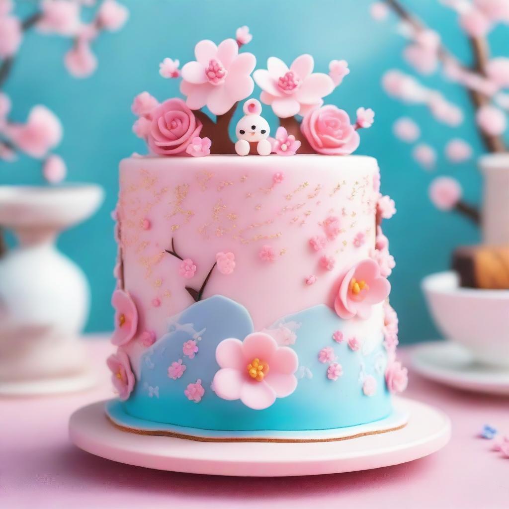 A beautifully decorated anime-style cake with vibrant colors, intricate designs, and cute anime characters