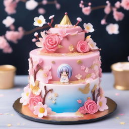 A beautifully decorated anime-style cake with vibrant colors, intricate designs, and cute anime characters