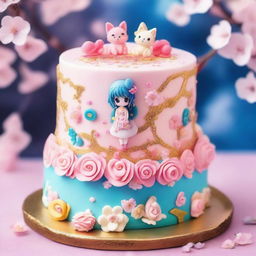 A beautifully decorated anime-style cake with vibrant colors, intricate designs, and cute anime characters