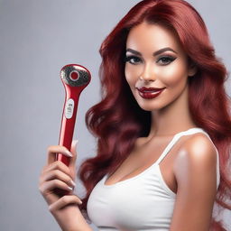 Create an ecommerce slider image featuring a realistic and elegant Latina model with red hair holding a modern, ergonomic vibrator