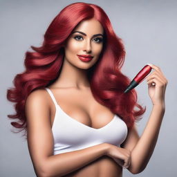 Create an ecommerce slider image featuring a realistic and elegant Latina model with red hair holding a modern, ergonomic vibrator