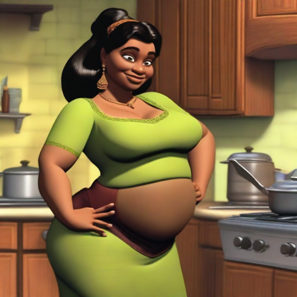 Shrek's fiancée Fiona, depicted as an Indian woman with brown skin and black hair, is in her kitchen preparing dinner