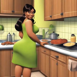 Shrek's fiancée Fiona, depicted as an Indian woman with brown skin and black hair, is in her kitchen preparing dinner