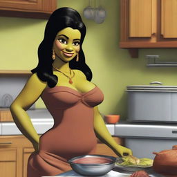 Shrek's fiancée Fiona, depicted as an Indian woman with brown skin and black hair, is in her kitchen preparing dinner