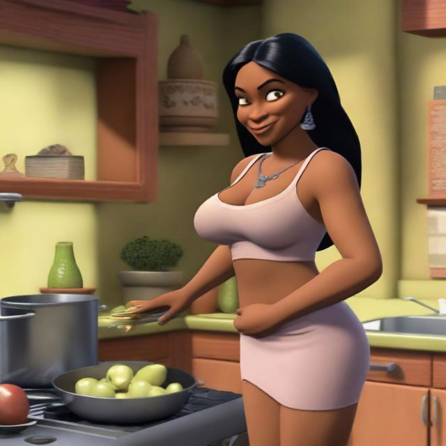 Shrek's fiancée Fiona, depicted as an Indian woman with brown skin and black hair, is in her kitchen preparing dinner