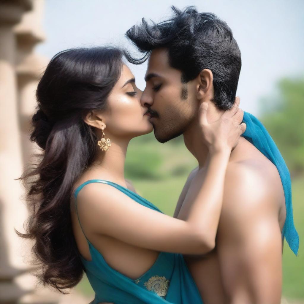 A young Pakistani man in jeans, shirtless, hugging and sharing a passionate kiss with an Indian woman in a blue saree blouse