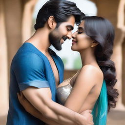 A young Pakistani man in jeans, shirtless, hugging and sharing a passionate kiss with an Indian woman in a blue saree blouse