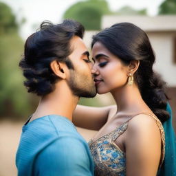 A young Pakistani man in jeans, shirtless, hugging and sharing a passionate kiss with an Indian woman in a blue saree blouse