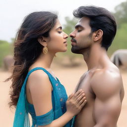 A young Pakistani man in jeans, shirtless, hugging and sharing a passionate kiss with an Indian woman in a blue saree blouse