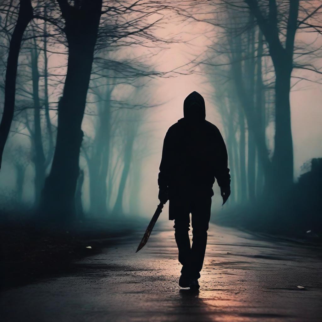 A man walking along the side of the road carrying a bloody knife