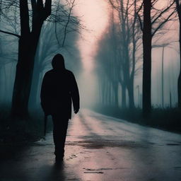 A man walking along the side of the road carrying a bloody knife