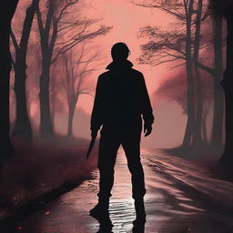 A man walking along the side of the road carrying a bloody knife