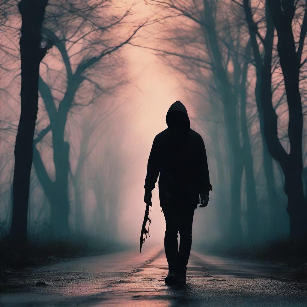 A man walking along the side of the road carrying a bloody knife