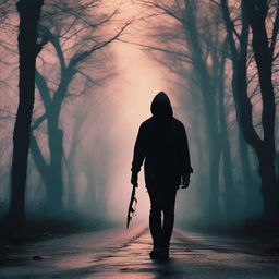 A man walking along the side of the road carrying a bloody knife