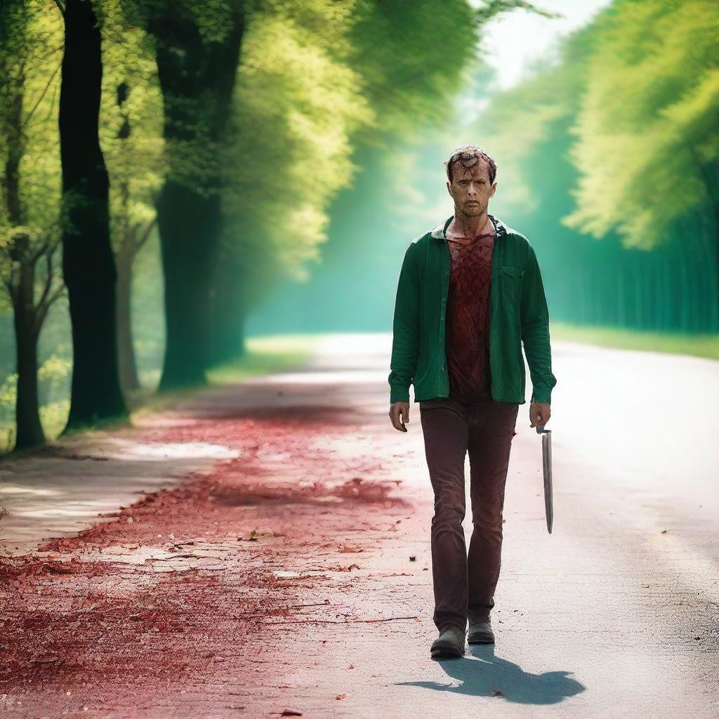 A man walking along the side of the road in summer, carrying a bloody knife