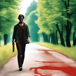 A man walking along the side of the road in summer, carrying a bloody knife