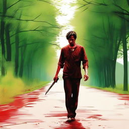 A man walking along the side of the road in summer, carrying a bloody knife