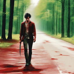 A man walking along the side of the road in summer, carrying a bloody knife