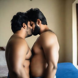 A young Pakistani man in jeans, shirtless, tightly hugging and sharing a passionate kiss with a chubby Indian woman in a blue saree blouse