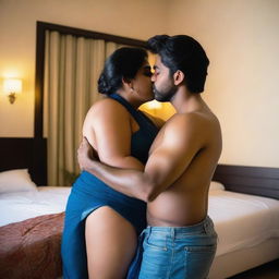 A young Pakistani man in jeans, shirtless, tightly hugging and sharing a passionate kiss with a chubby Indian woman in a blue saree blouse