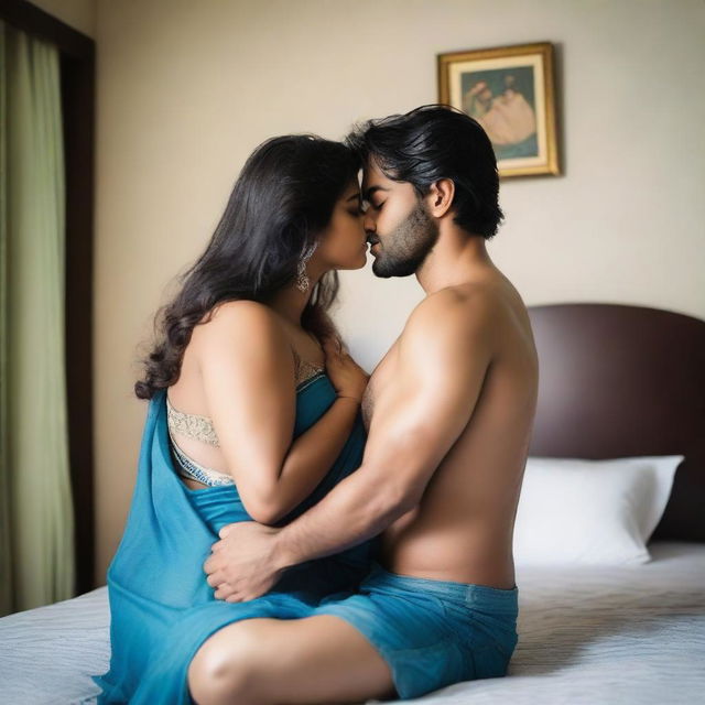 A young Pakistani man in jeans, shirtless, tightly hugging and sharing a passionate kiss with a chubby Indian woman in a blue saree blouse