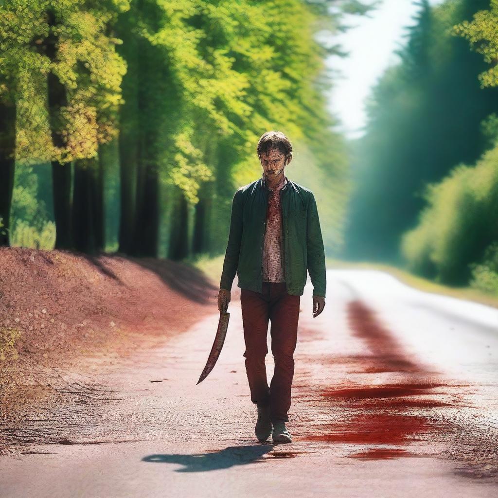 A man walking along the side of the road in summer, carrying a bloody knife