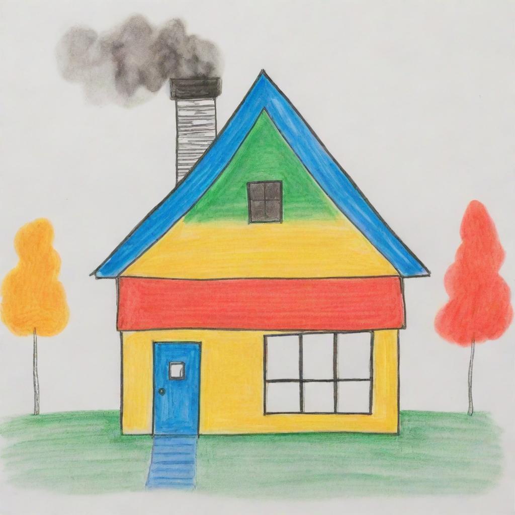 Child-like drawing of a colorful, simple house with large windows, a triangle roof, and a chimney with smoke