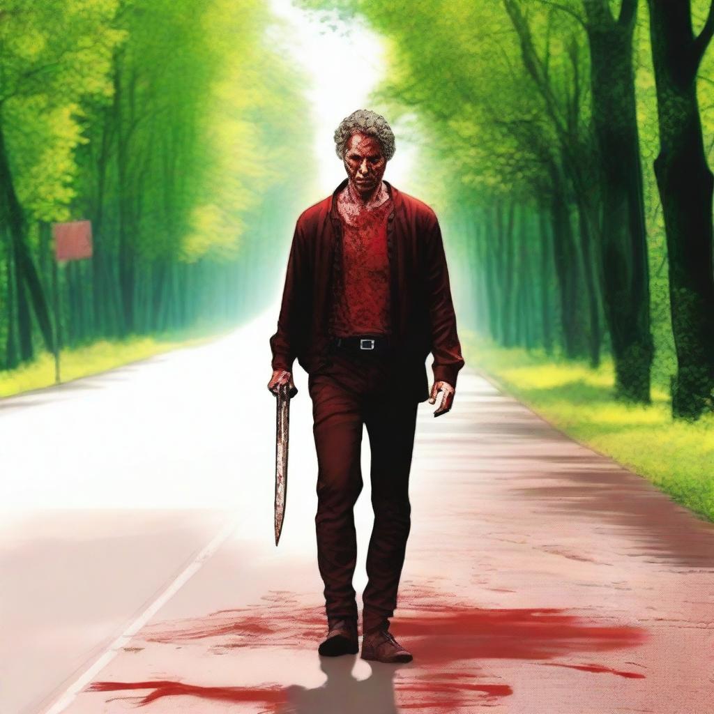 A man walking along the side of the road in summer, carrying a bloody knife