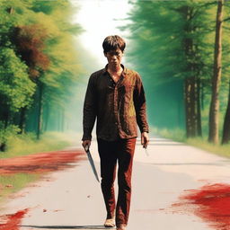 A man walking along the side of the road in summer, carrying a bloody knife