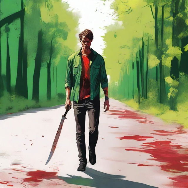 A man walking along the side of the road in summer, carrying a bloody knife