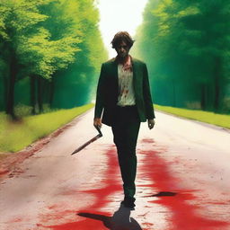 A man walking along the side of the road in summer, carrying a bloody knife