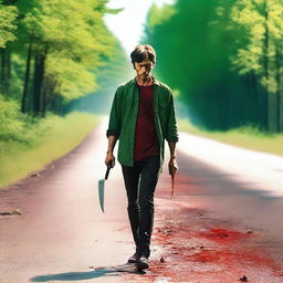 A man walking along the side of the road in summer, carrying a bloody knife