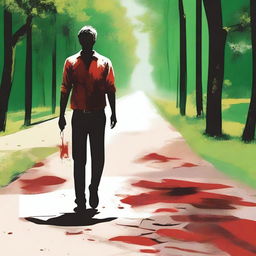 A man walking along the side of the road in summer, carrying a bloody knife