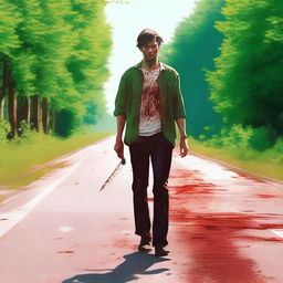 A man walking along the side of the road in summer, carrying a bloody knife