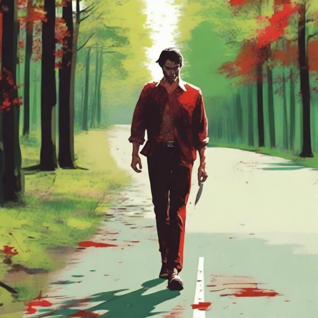 A man walking along the side of the road in summer, carrying a bloody knife