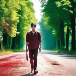 A man walking along the side of the road in summer, carrying a bloody knife