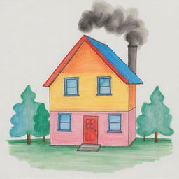 Child-like drawing of a colorful, simple house with large windows, a triangle roof, and a chimney with smoke