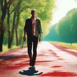 A man walking along the side of the road in summer, carrying a bloody knife