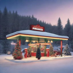 A cozy holiday-themed gas station decorated with festive lights, Christmas trees, and snow-covered surroundings