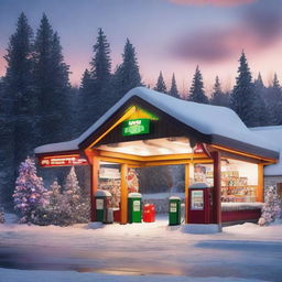 A cozy holiday-themed gas station decorated with festive lights, Christmas trees, and snow-covered surroundings