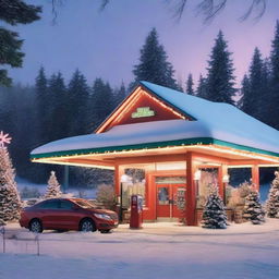 A cozy holiday-themed gas station decorated with festive lights, Christmas trees, and snow-covered surroundings